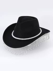 1pc Cowboy Hat With Luxurious Rhinestone And Tassel Design, Elegant Gift/Stage/Wedding/Women's Fashion Accessories, Black - Black - View 3
