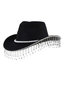 1pc Cowboy Hat With Luxurious Rhinestone And Tassel Design, Elegant Gift/Stage/Wedding/Women's Fashion Accessories, Black - Black - View 2
