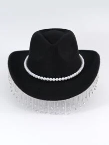1pc Cowboy Hat With Luxurious Rhinestone And Tassel Design, Elegant Gift/Stage/Wedding/Women's Fashion Accessories, Black - Black - View 4