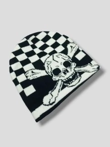 Touca lã Gorro Preta Lisa De Caveira Quadriculada - Preto - Visão 2