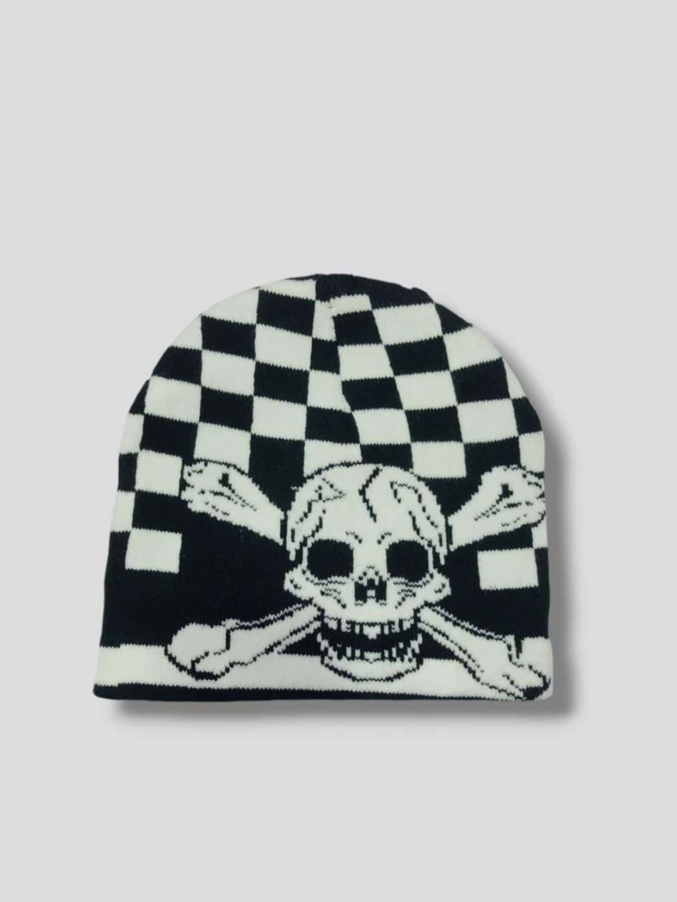 Touca lã Gorro Preta Lisa De Caveira Quadriculada - Preto - Visão 1