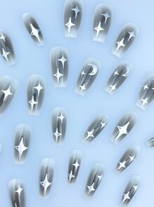 Upgrade Your Look With 24pcs Long Coffin Black Gradient Stars Pattern Fake Nail & 1sheet Tape & 1pc Nail File Press On Nails Nail Supplies - Multicolor - View 3