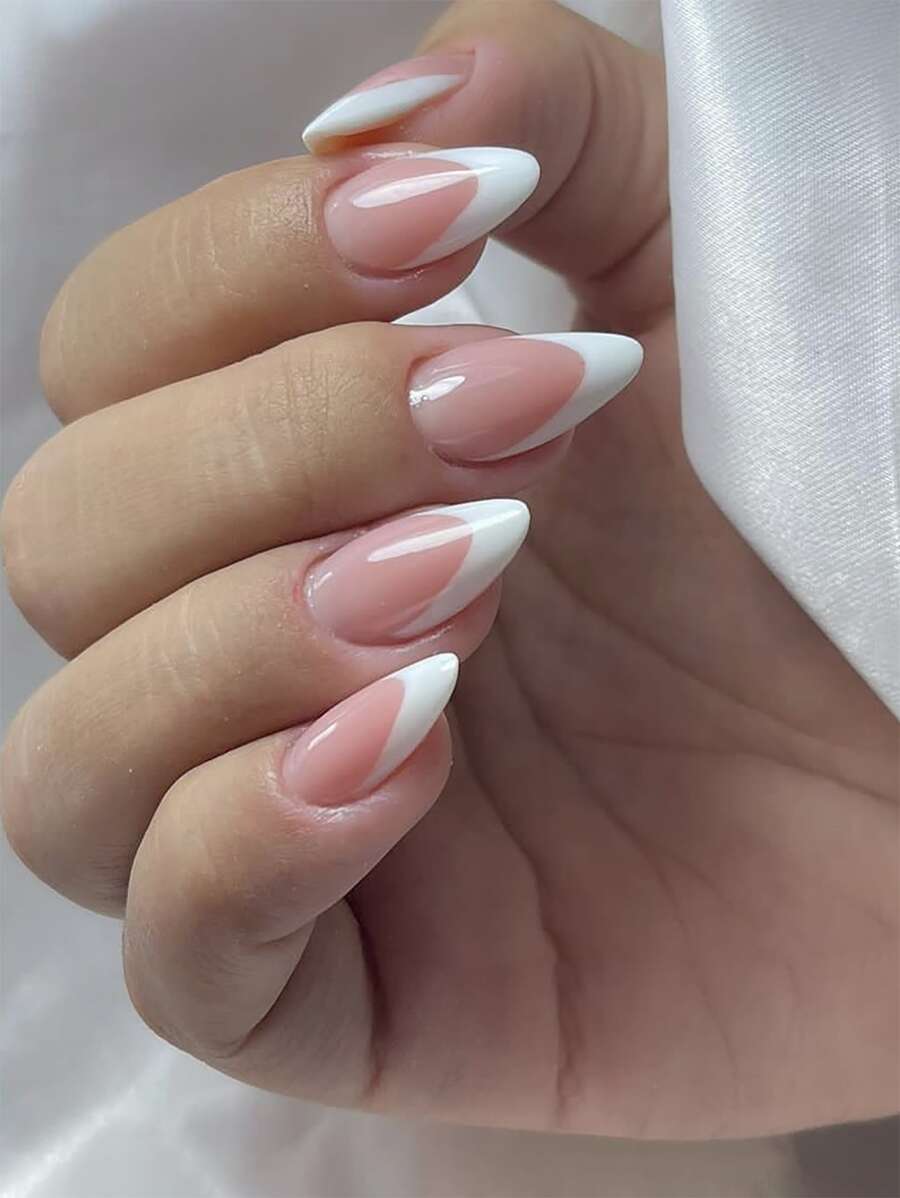 Thay đổi móng tay của bạn với 24 chiếc móng tay giả dài vừa phải hình quả hạnh, màu trắng đơn giản, phong cách Pháp, độ che phủ toàn diện, thích hợp cho phụ nữ và trẻ em gái, ấn vào móng tay, đồ dùng làm móng - Nhiều màu - Xem 1