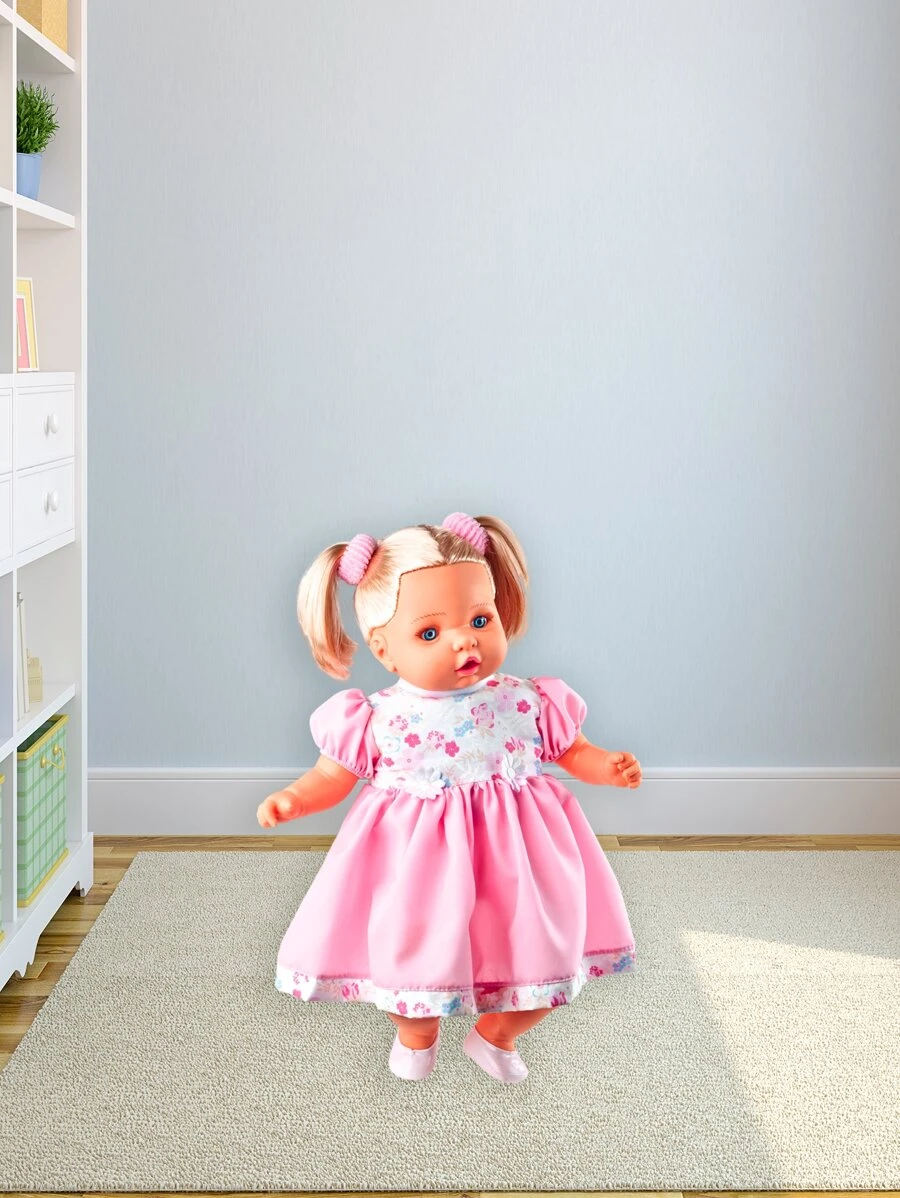 Boneca Angelina Loira Fala 62 Frases Tipo Reborn + Mamadeira - Rosa Bebê - Visão 1