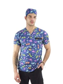 Filipina Quirúrgica Hombre Print Dinosaurios - Azul Marino - Ver 1