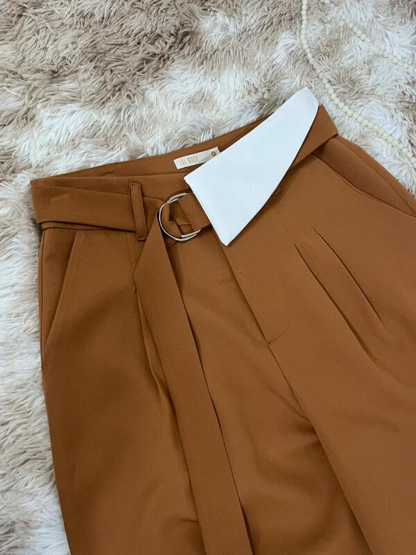 Calças pantalona largas alfaiataria femenina com cinto cintura alta drapeadas calças finas casuais calças soltas e retas
