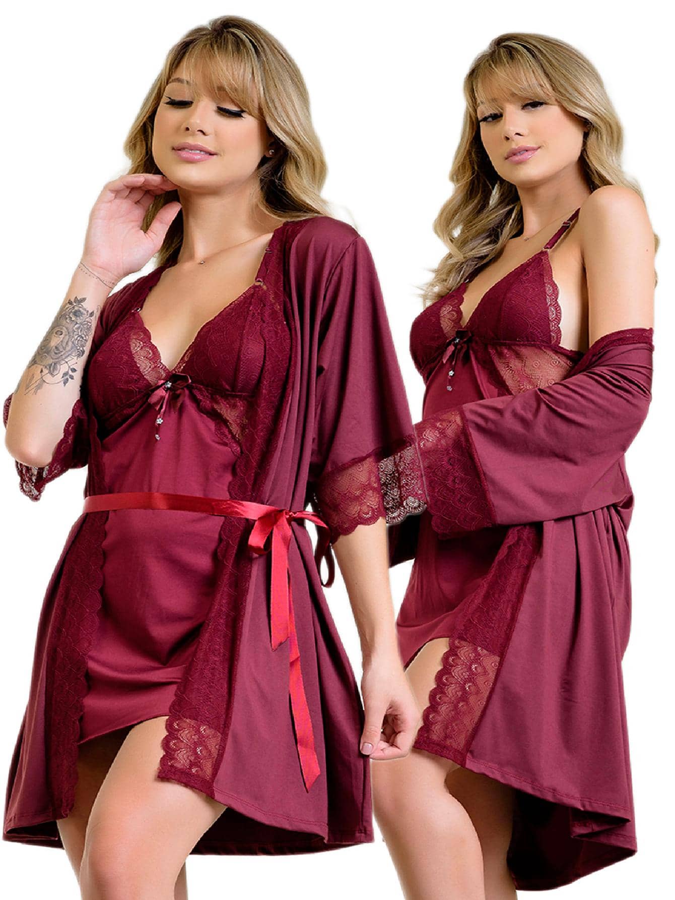 Plus Size Robes & Robe Sets - Burgundy - View 1