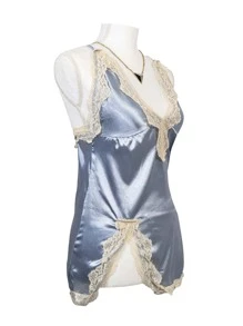 Lenceria Sexy Encaje Conjunto de Pijama Para Dama 2 Piezas, Camison Cuello V con Encaje y Tanga, Ultra Confort - Celeste - Ver 1