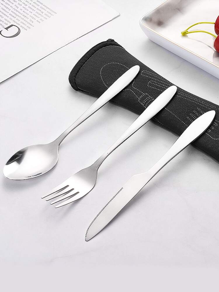3pcs Stainless Steel Tableware Set With Pointed Handle, Including Knife, Fork, Spoon, Suitable For Adults And Students, Easy To Carry For Outdoor Travel, With Cloth Bag,Kitchen,Christmas Gift,School Supplies