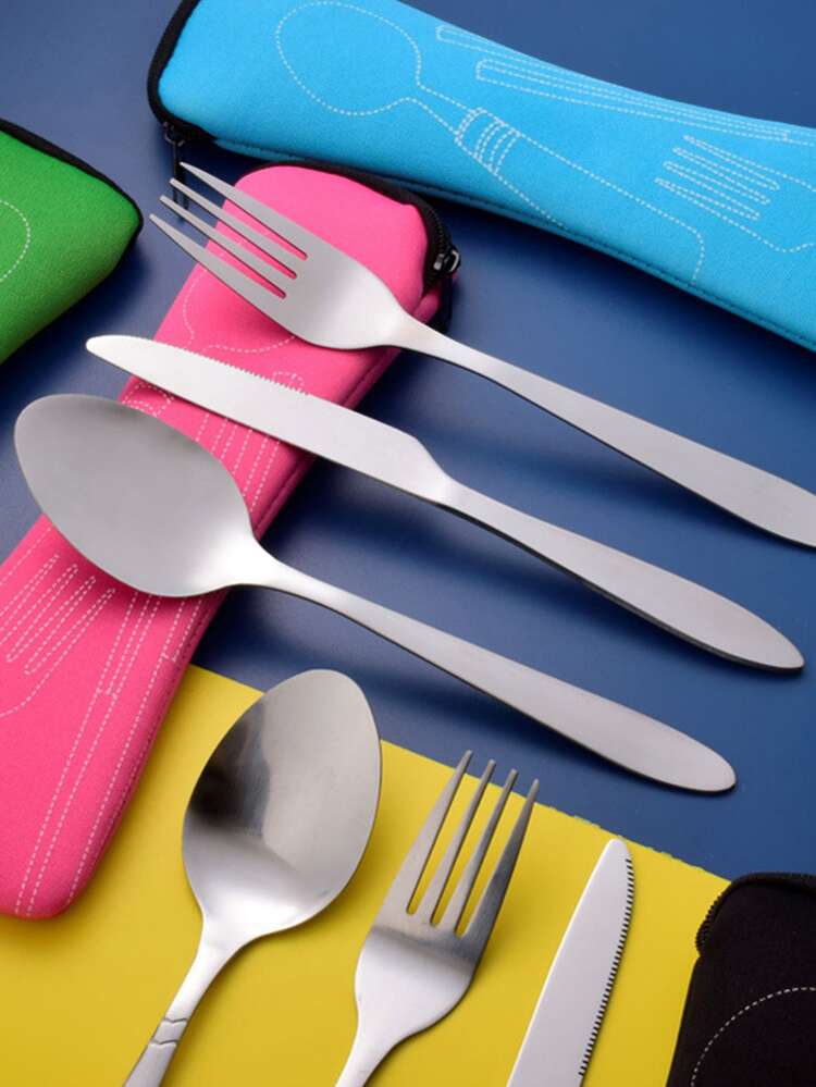 3pcs Stainless Steel Tableware Set With Pointed Handle, Including Knife, Fork, Spoon, Suitable For Adults And Students, Easy To Carry For Outdoor Travel, With Cloth Bag,Kitchen,Christmas Gift,School Supplies