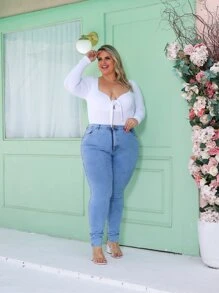 Plus Size Jeans - 淺色水洗藍 - 查看 4