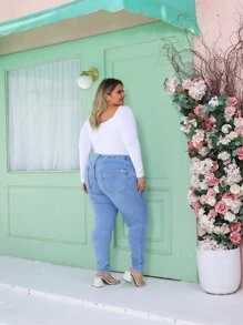 Plus Size Jeans - 淺色水洗藍 - 查看 3