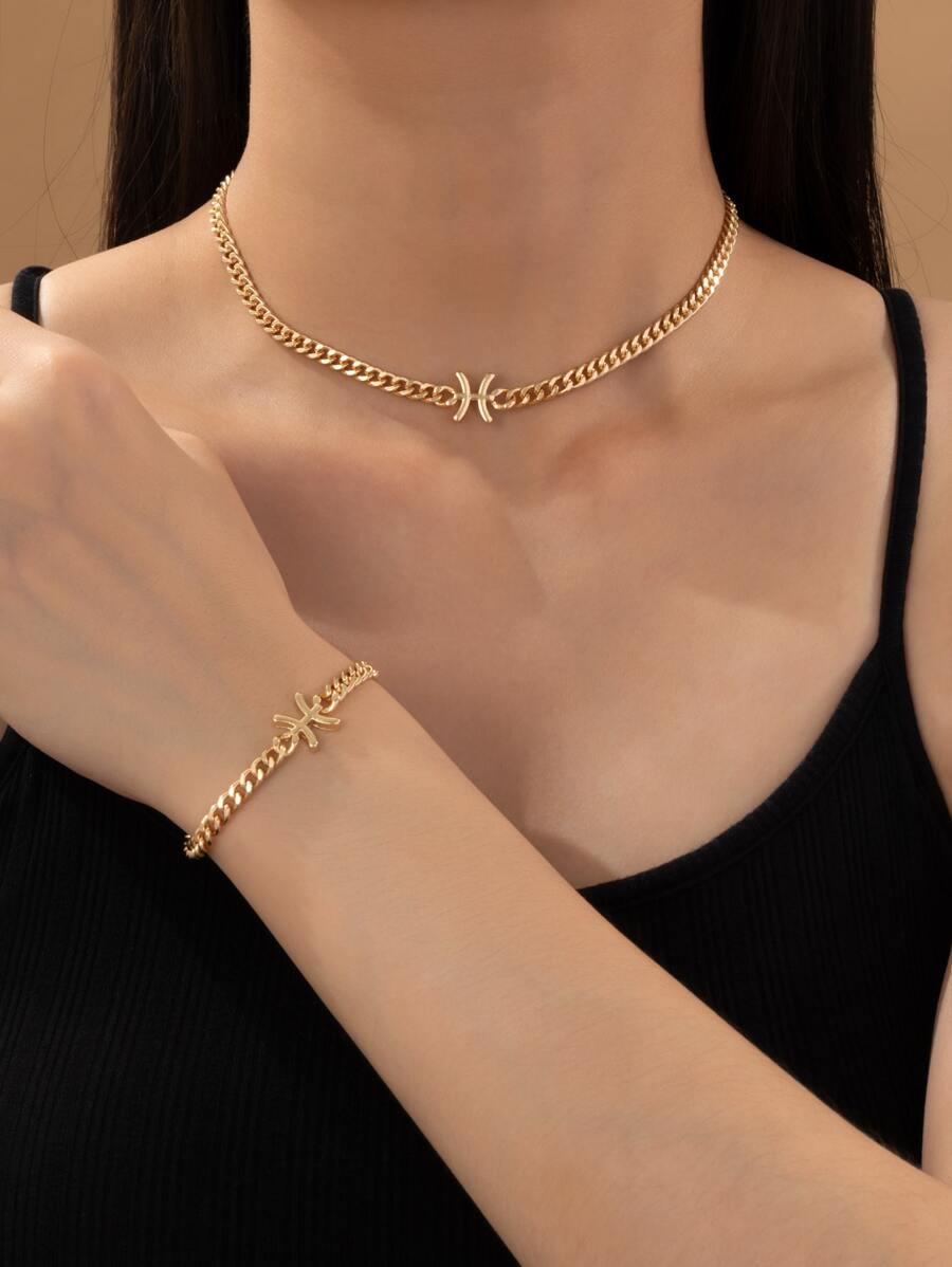 1入組金屬質感時尚星座設計吊墜手環和項鏈套裝 - 金黃色 - 查看 1