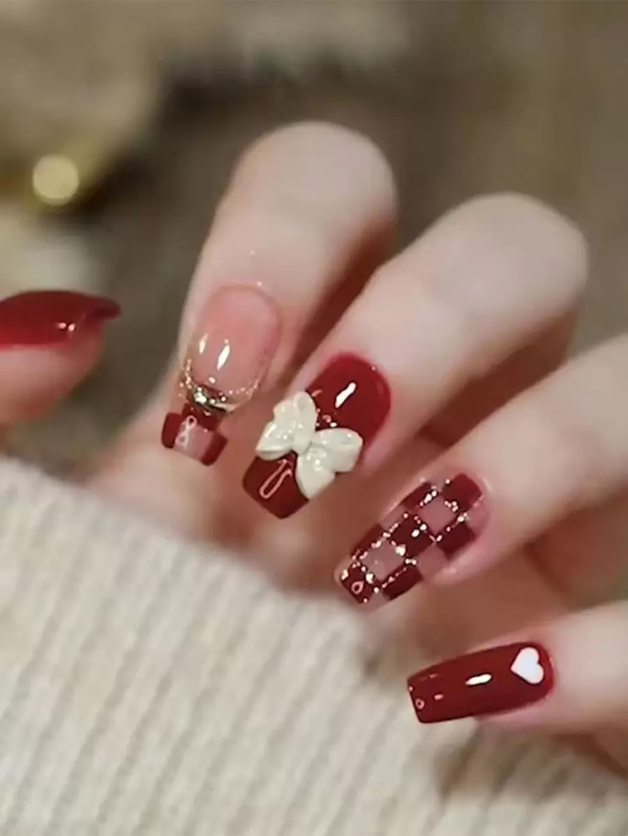 24 peças de Unhas Postiças Longas em Estilo Y2K com estampa de Coração e Xadrez Fashion, Adequadas para Mulheres e Meninas; Acompanha cola Jelly e Lixa de Unha para uma aplicação fácil e prática. - Vermelho - Visão 1