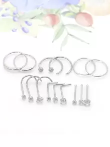 西方風格鼻針套裝15入/包,22g不銹鋼鼻環釘,cz寶石,男女適用 - 銀色 - 查看 1