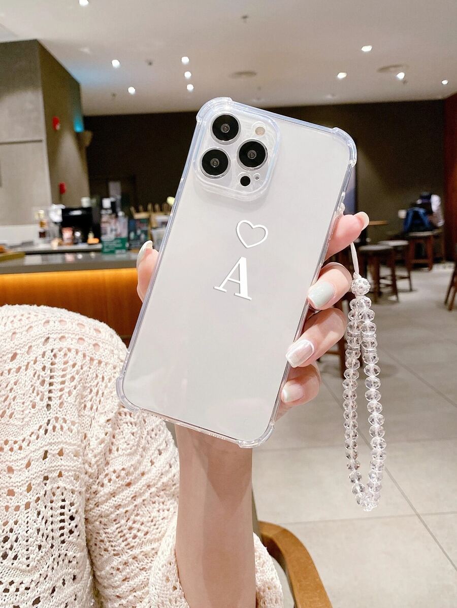 1pc Translucent Protective Soft Case With Precise Camera Hole, Drop Resistance, Alphabet & Heart Print & Lanyard, Full Coverage Edge Protect, Universal Compatible With Iphone Models - Clear - View 1