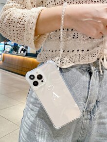 1pc Translucent Protective Soft Case With Precise Camera Hole, Drop Resistance, Alphabet & Heart Print & Lanyard, Full Coverage Edge Protect, Universal Compatible With Iphone Models - Clear - View 2