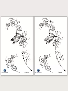 2件裝黑色臨時紋身貼紙，飛鳥、花朵與碎花圖案，適用手臂/身體 - 黑色 - 查看 2