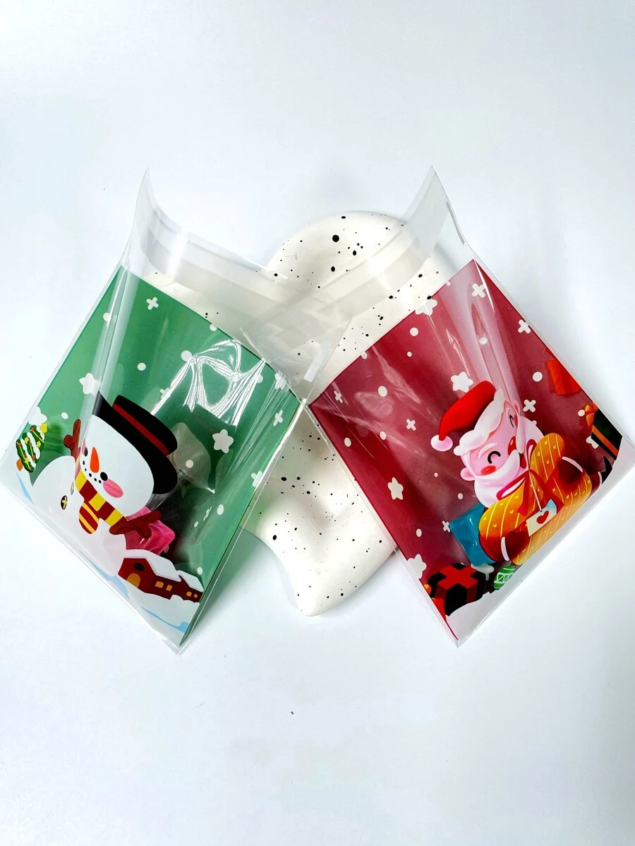 100pcs Gift Packaging Opp Self-adhesive Bag With Cute Santa Claus & Snowman Decoration Pattern, Small Present Wrapper Bag