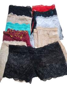 Pack Of 12 Satin Elastic Lace Boxer Briefs Panties Semi Transparent Floral Design Different Colors And Models - 彩色 - 查看 10