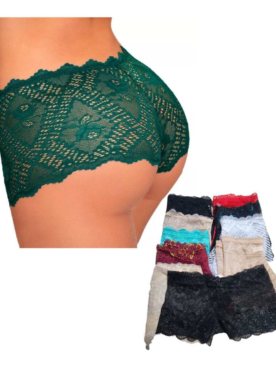 Pack Of 12 Satin Elastic Lace Boxer Briefs Panties Semi Transparent Floral Design Different Colors And Models - 彩色 - 查看 1