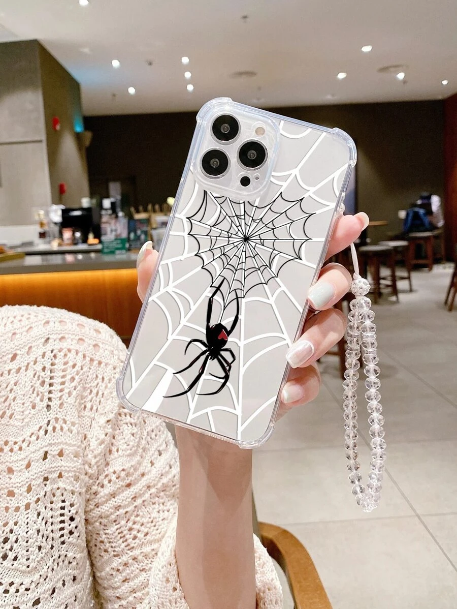 1pc High-Precision Transparent Soft Case With Spider Web Print And Lanyard, Compatible With Iphone 11/12/13/14/6/6s/6plus/7/8/Se/7plus/8plus/X/Xs Max/Xr/11pro/12pro/13pro/14pro/12mini/13mini/11promax/12promax/13promax/14promax/14plus, Suitable For Both Men And Women - Clear - View 1