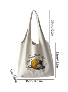 1 Miếng Màu be tranh sơn dầu Túi tote Đối với phụ nữ Với Không gian In Phi hành gia , Thích hợp Cho công việc Và Trường học - Màu be - Xem 4