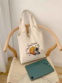 1 Miếng Màu be tranh sơn dầu Túi tote Đối với phụ nữ Với Không gian In Phi hành gia , Thích hợp Cho công việc Và Trường học - Màu be - Xem 3