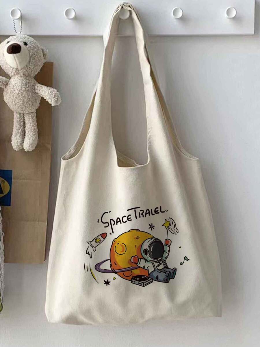 1 Miếng Màu be tranh sơn dầu Túi tote Đối với phụ nữ Với Không gian In Phi hành gia , Thích hợp Cho công việc Và Trường học - Màu be - Xem 1