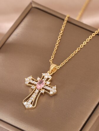 1pc Luxurious & Fashionable Copper Cross Pendant Necklace Embellished With Zirconia, Dating Gift