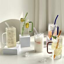 1只吸管杯, 方形玻璃杯, 耐高溫手柄可加熱, 果汁杯, 咖啡杯, 牛奶杯 (隨機杯蓋款式)