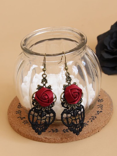 1pair Vintage Elegant Alloy Hollow Out Lace & Red Rose Dangle Earrings For Women