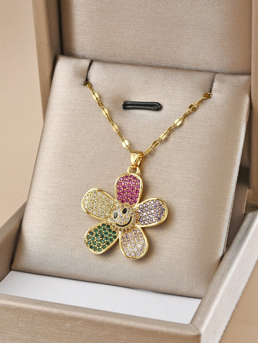 1 件多色水钻镶向日葵形不锈钢项链，适合女士日常佩戴情人节 - 金黃色 - 查看 1