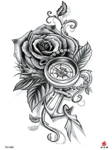 1pc Waterproof Temporary Tattoo Sticker Featuring Rose Pattern, Anchor & Compass Designs, Suitable For Men & Women's Arms And Thighs - Black - View 5