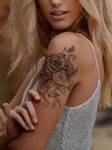 1pc Waterproof Temporary Tattoo Sticker Featuring Rose Pattern, Anchor & Compass Designs, Suitable For Men & Women's Arms And Thighs - Black - View 2