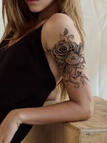 1pc Waterproof Temporary Tattoo Sticker Featuring Rose Pattern, Anchor & Compass Designs, Suitable For Men & Women's Arms And Thighs - Black - View 6