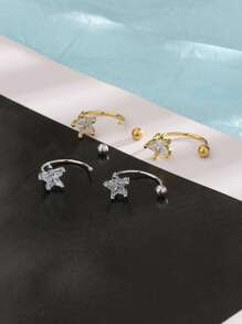 2 cái/bộ Thép không gỉ Hình-chữ C Đinh ốc Trở lại Bông tai stud Với Ngôi sao & Khối Zirconia Đối với phụ nữ , Hoàn hảo Đối với Mặc hàng ngày Và Ngày đêm , Như A Qủa tặng - Bạc - Xem 3