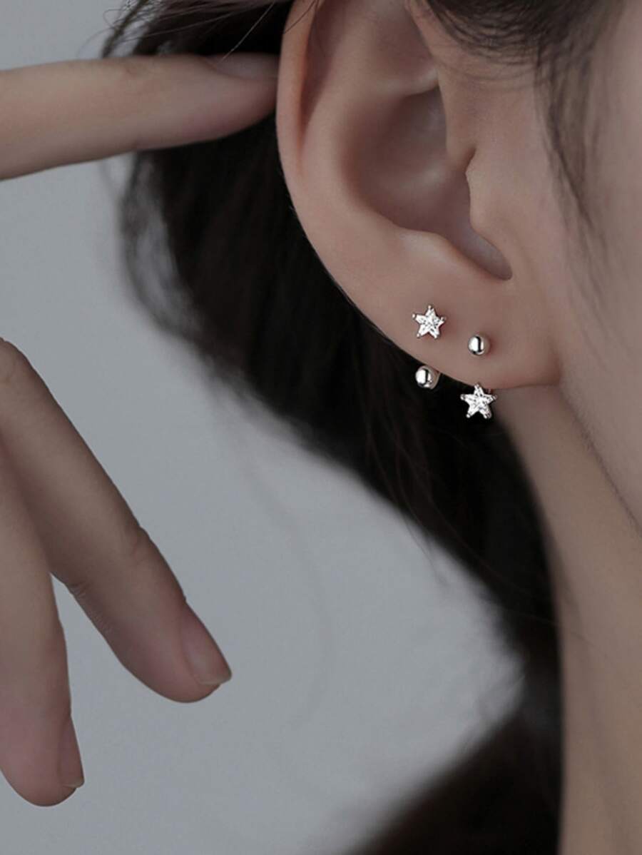 2 cái/bộ Thép không gỉ Hình-chữ C Đinh ốc Trở lại Bông tai stud Với Ngôi sao & Khối Zirconia  Đối với phụ nữ , Hoàn hảo Đối với Mặc hàng ngày Và Ngày đêm , Như A Qủa tặng