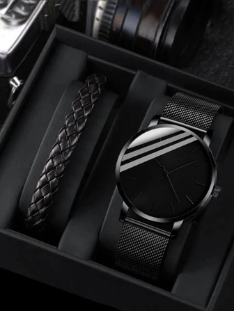 1pc/kit Men's Black Stainless Steel Mesh Band Minimalist Quartz Watch And A Bracelet
