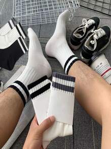 3pairs Men Striped Print Fashionable Crew Socks For Daily Life