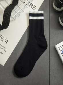 3pairs Men Striped Print Fashionable Crew Socks For Daily Life