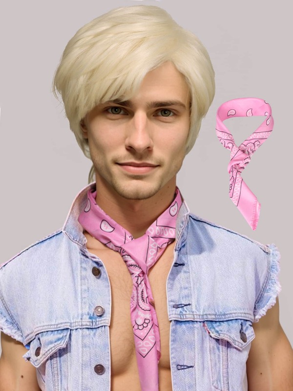 Perruque de Costume Blonde courte et lisse pour hommes, avec cravate, pour Ken, couleur Blonde dorée, perruque de cheveux pour fête d'halloween