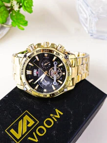 VA VA VOOM 1 Peça Relógio de Quartzo com Discadora Redonda da Moda, Pulseira de Aço Inoxidável Dourado, para o Dia a Dia, como Presente do Dia dos Pais ou Presente para Estudantes Voltando à Escola