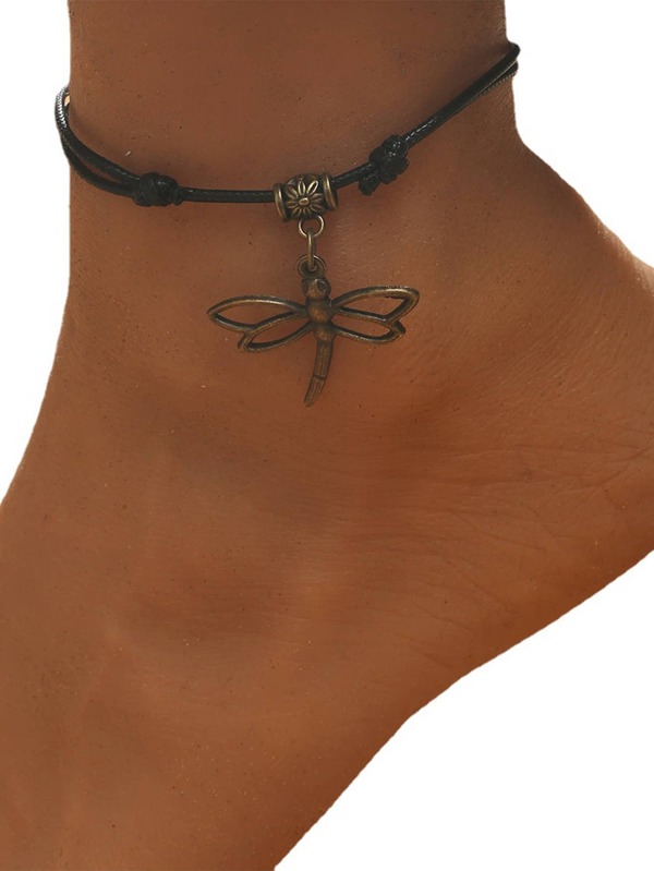 حلية قدم للنساء مخصصة مصنوعة من شمع الحبل المضفور الأسود العتيق مع قلادة اليعسوب. مثالي للشاطئ