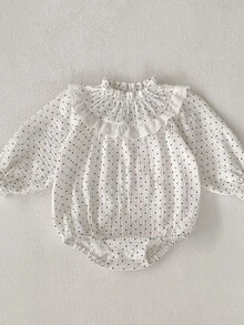 秋季女婴或男婴芝麻圆点印花长袖连体衣三角爬行服和帽子 - 白色 - 查看 4