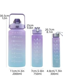 El juego de botellas de agua con gradiente de 3 piezas, tres en uno, de 2000 ml, 750 ml y 300 ml, es adecuado para diversas ocasiones, deportes, necesidades al aire libre y del hogar, suministros de regreso a la escuela - Azul - Ver 2