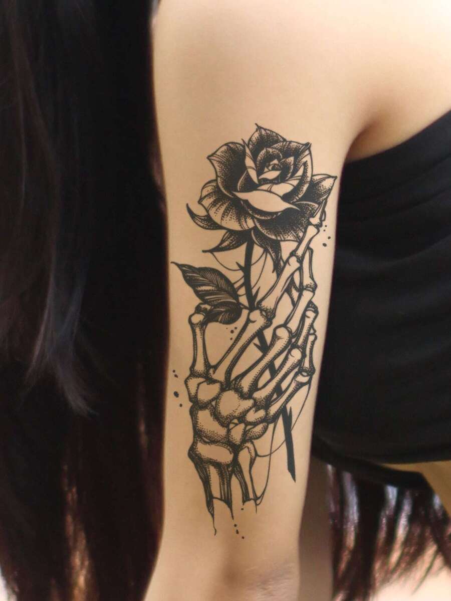 1 件 Love Song 草本纹身贴纸，防水持久（15 天），骷髅和玫瑰设计，适用于深色浪漫花卉手臂、腿部和其他部位