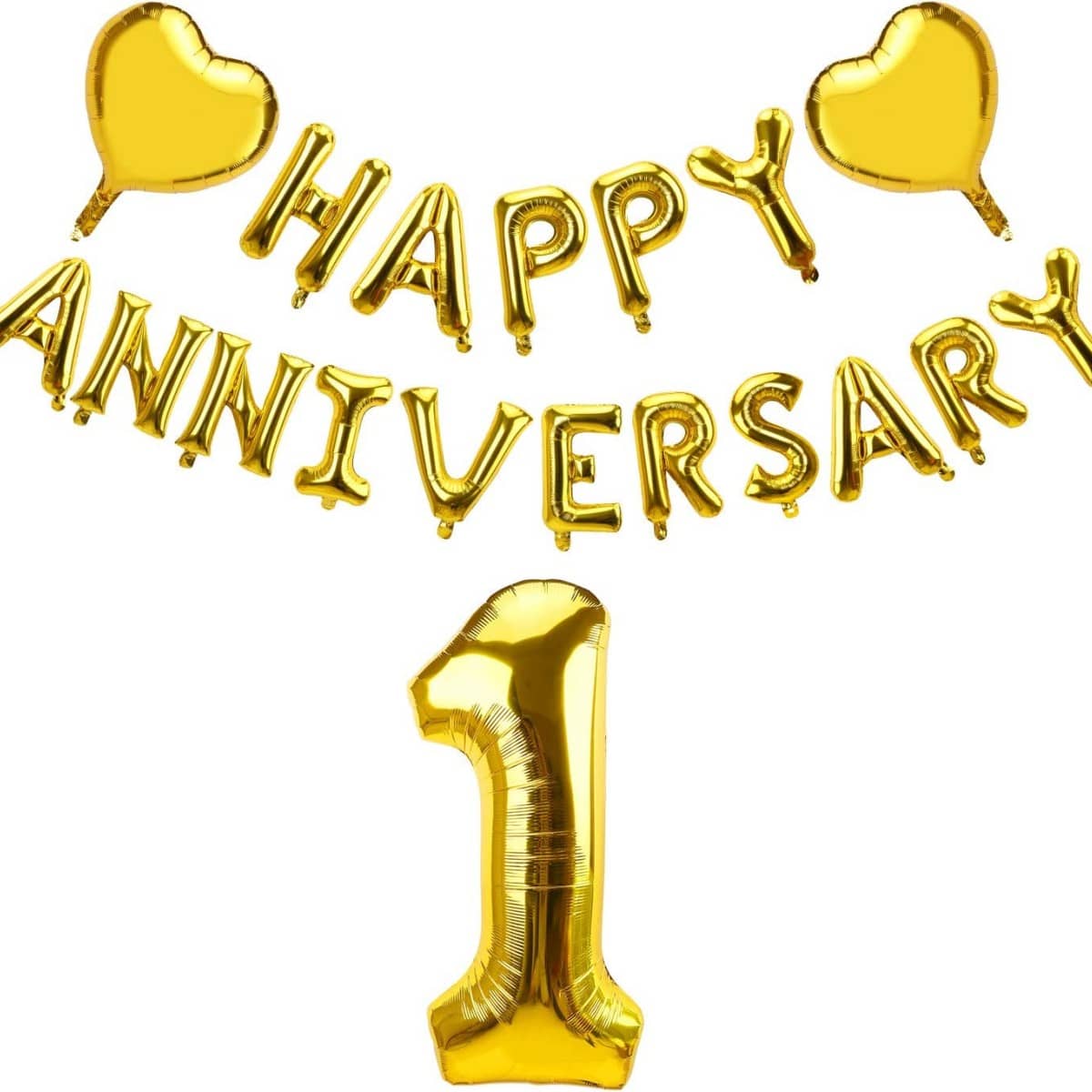 Banner de globos de letras de fiesta de aniversario feliz con 19 piezas, globo de número 1 y 2 globos en forma de corazón dorados para decoraciones de fiesta de aniversario de 1er cumpleaños y 1er aniversario de bodas - Dorado - Ver 1