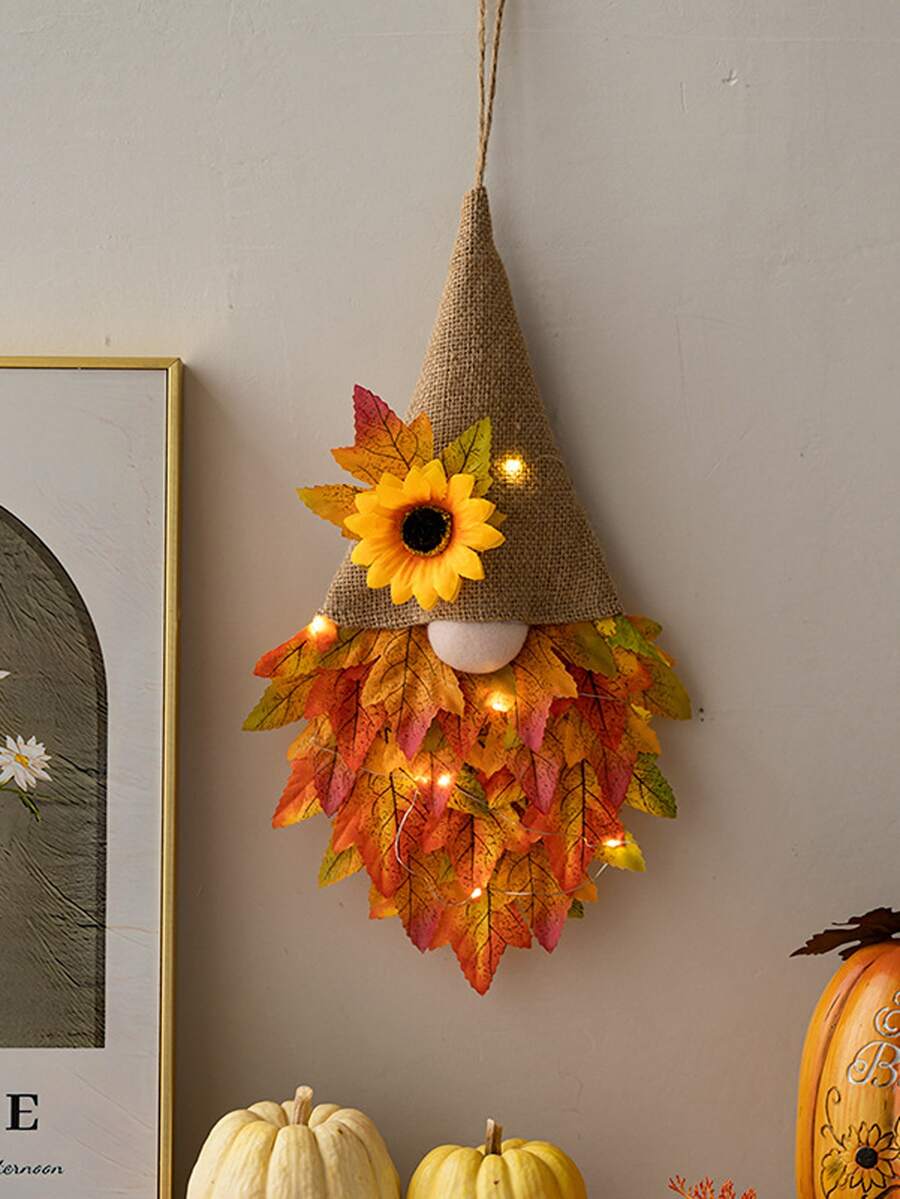 Maple Leaf Door Hanger With Burlap Cap And Light String - Linen Hat Maple Leaf Door Hanger with String Lights - View 1