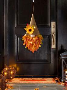 Maple Leaf Door Hanger With Burlap Cap And Light String - Linen Hat Maple Leaf Door Hanger with String Lights - View 6